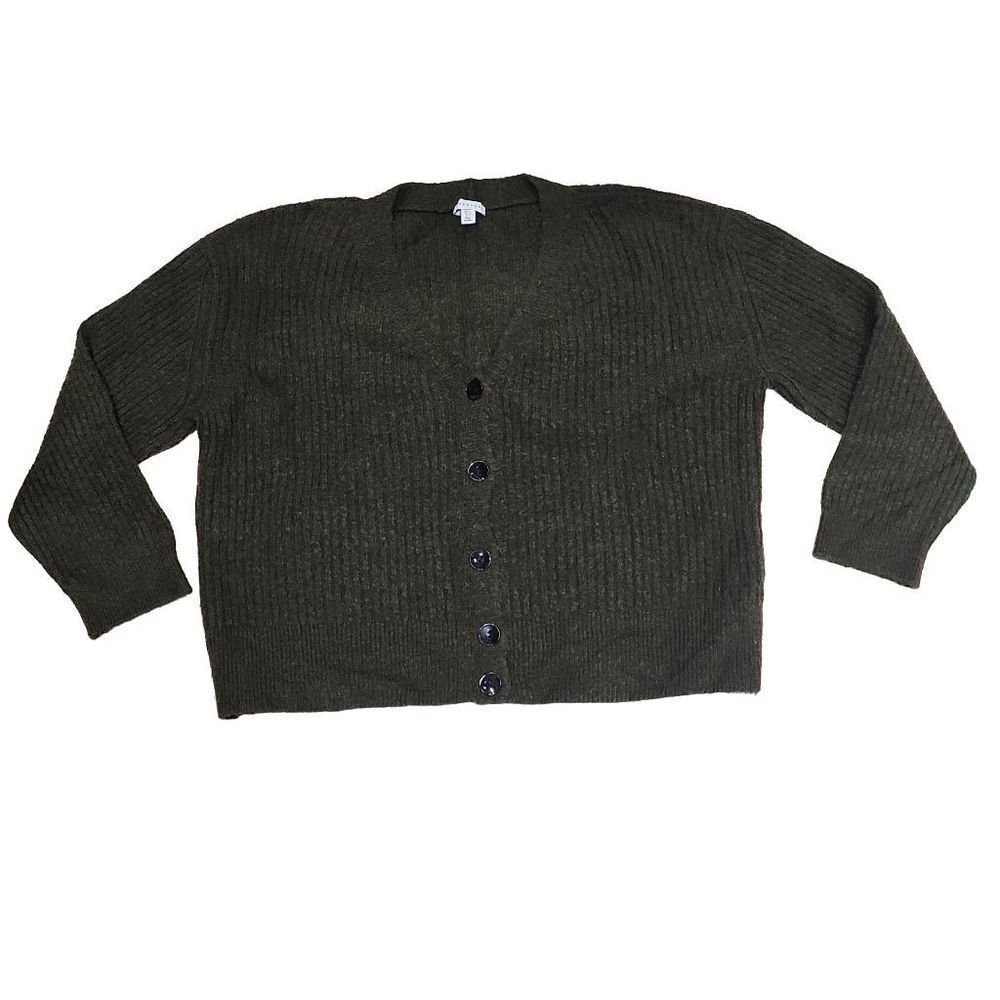 Top shop metal statement button down deep olive green acrylic blend sweater card